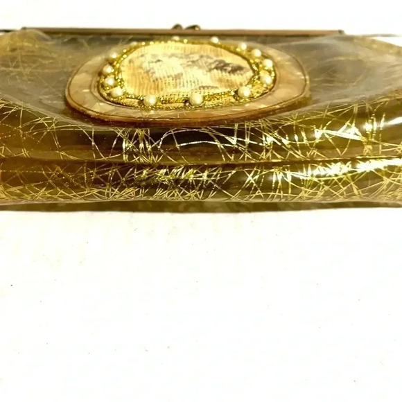 Vintage clear plastic gold inlay embroidered purse/ clutch - Picture 5 of 5